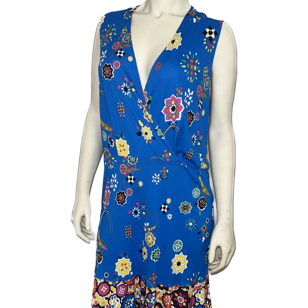 EMILIO PUCCI SLEEVELESS SURPLICE-NECK FLORAL PRINT DRESS, BLU NILO | SIZE 10